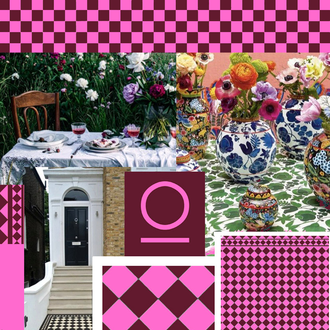 Holland Street. Kensington. Collage of a garden party scene with floral arrangements, a table set for a meal, and pink and brown checkered patterns.