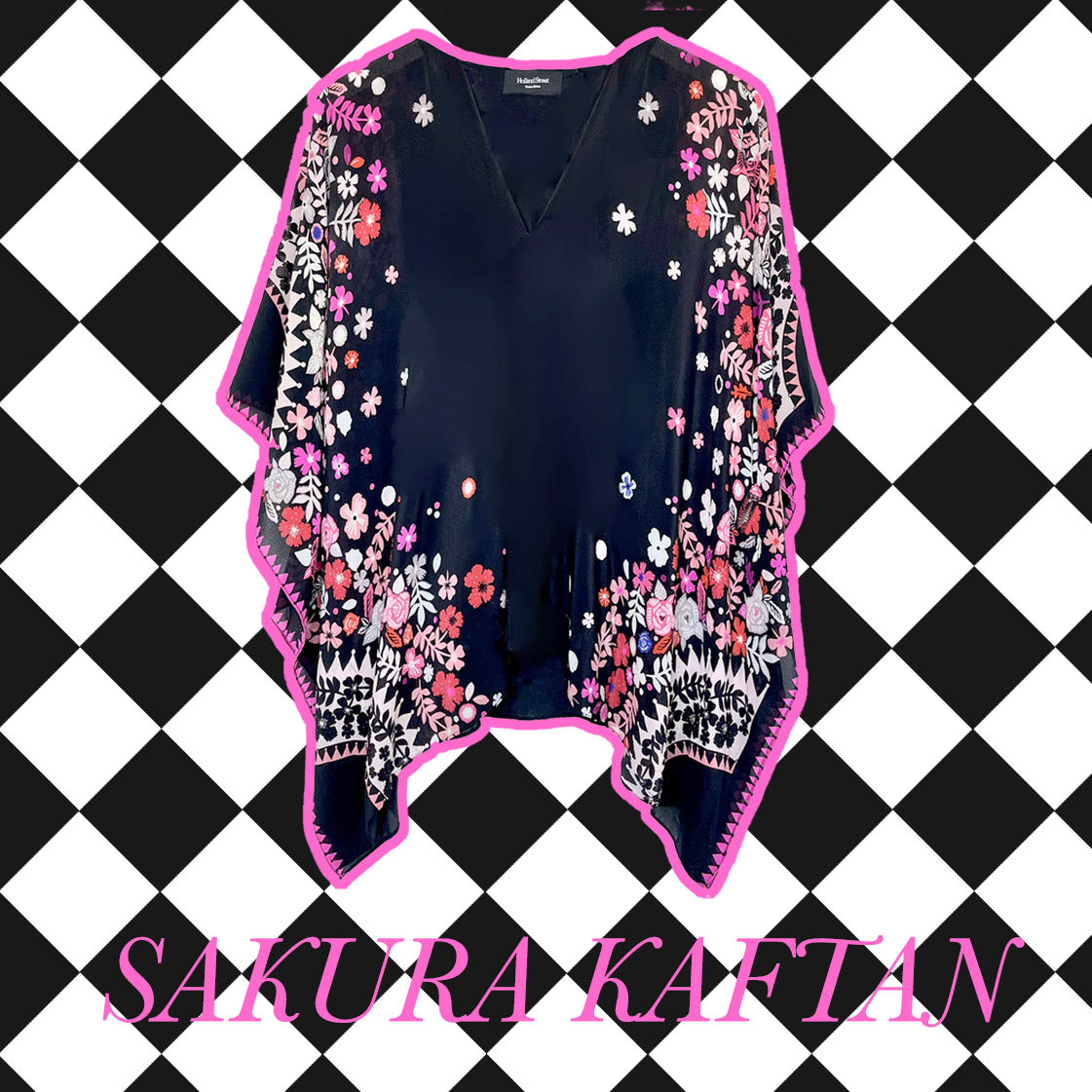 Navy kaftan with floral embroidery on a black and white checkered background, featuring the brand 'Sakura Kaftan'.