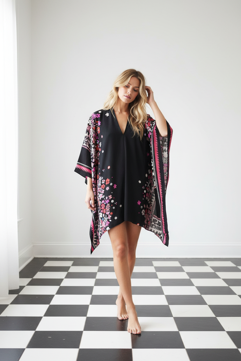 A woman stands barefoot in a bright room with a black-and-white checkered floor, wearing a black silk kaftan-style cover-up dress with pink, white, and green floral embroidery and patterned trim, from Holland Street.