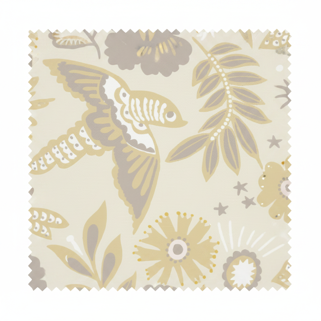 A hand‑drawn Holland Street “Park Life” pattern printed on linen and wallpaper, featuring birds, boats, and flowers in yellow, cream and grey tones, designed in Britain.