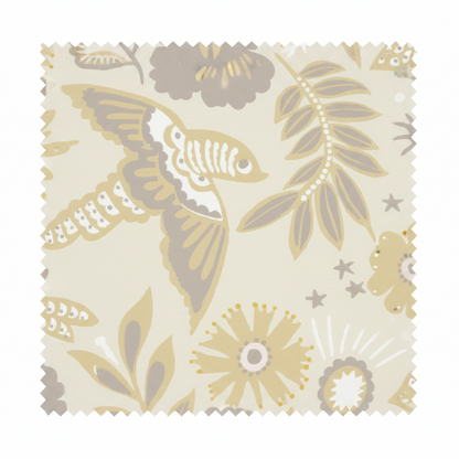 A hand‑drawn Holland Street “Park Life” pattern printed on linen and wallpaper, featuring birds, boats, and flowers in yellow, cream and grey tones, designed in Britain.