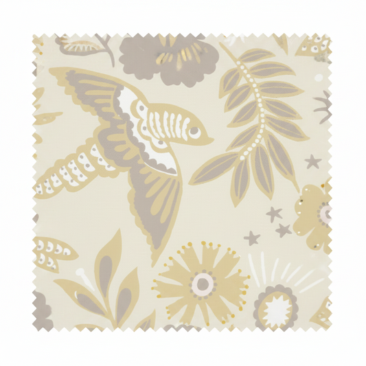 A hand‑drawn Holland Street “Park Life” pattern printed on linen and wallpaper, featuring birds, boats, and flowers in yellow, cream and grey tones, designed in Britain.