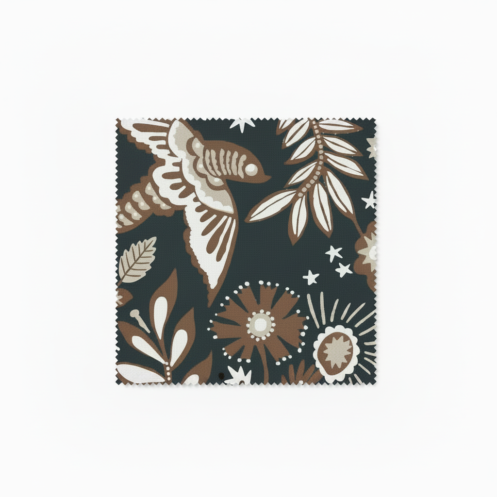 A hand‑drawn Holland Street “Park Life” pattern printed on linen and wallpaper, featuring birds, boats, and flowers in black, brown, white and cream tones, designed in Britain.