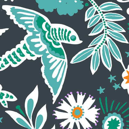 A hand‑drawn Holland Street “Park Life” pattern printed on linen and wallpaper, featuring birds, boats, and flowers in dark grey, white, orange and green tones, designed in Britain.