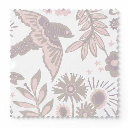A hand‑drawn Holland Street “Park Life” pattern printed on linen and wallpaper, featuring birds, boats, and flowers in grey, white and pale pink tones, designed in Britain.