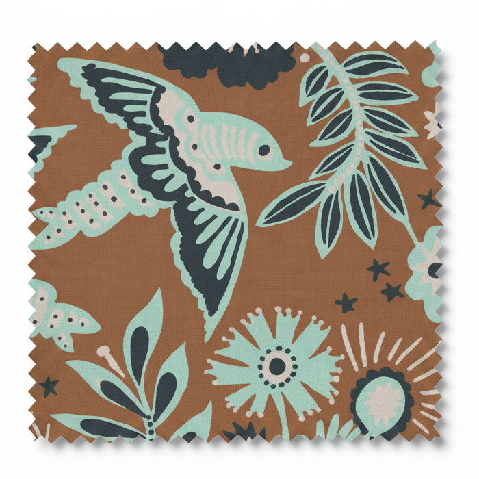 A hand‑drawn Holland Street “Park Life” pattern printed on linen and wallpaper, featuring birds, boats, and flowers in brown, blue, and dark grey tones, designed in Britain.