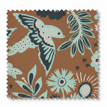 A hand‑drawn Holland Street “Park Life” pattern printed on linen and wallpaper, featuring birds, boats, and flowers in brown, blue, and dark grey tones, designed in Britain.