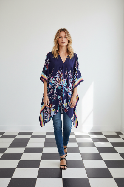 A woman modeling a silk kaftan-style tunic top with a colourful floral and geometric border print, paired with blue jeans and black sandals, standing on a black and white checkered floor against a white wall, from Holland Street London.