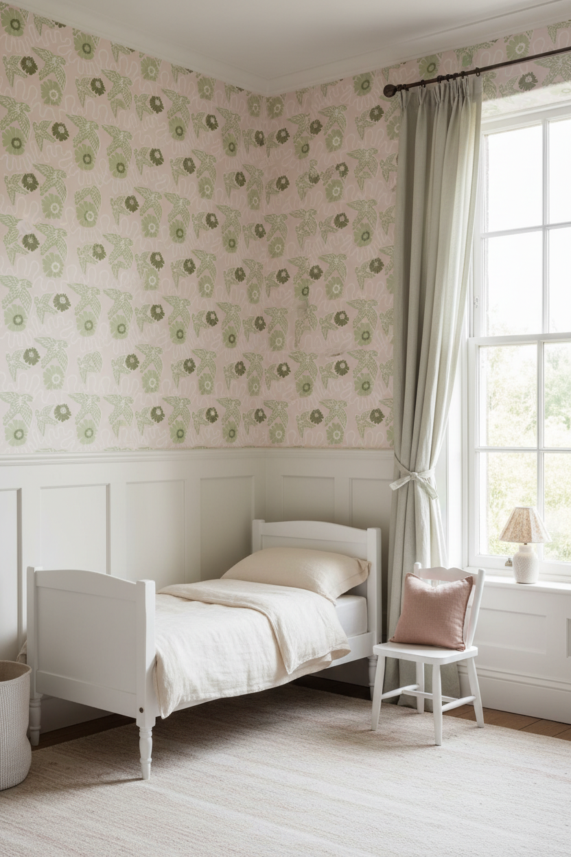 A styled children's bedroom featuring light green and light pink floral patterned Holland Street wallpaper, white wainscoting, a single white bed with white bedding, a small white chair with a dusty pink pillow, and a bright window with sheer curtains.