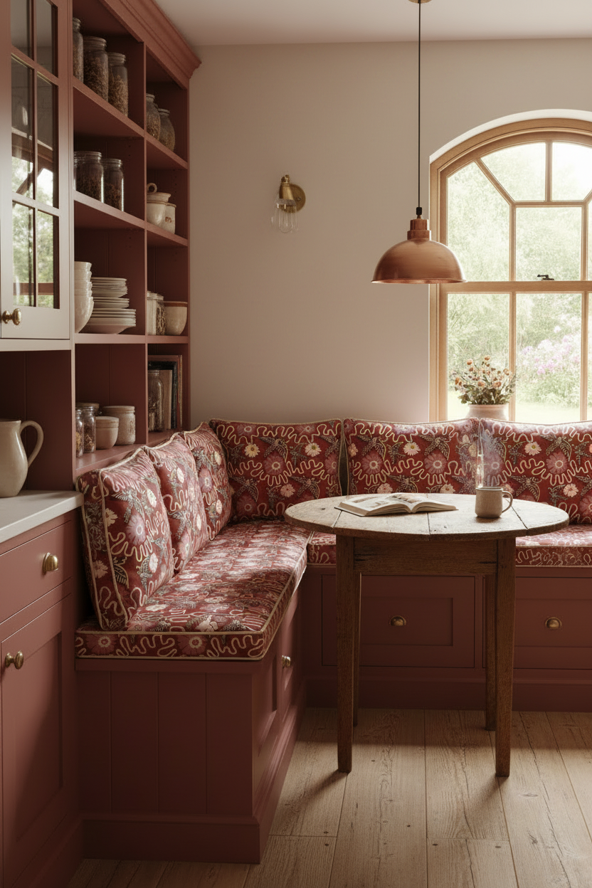 Cozy rusty red kitchen from deVOL with a red upholstered bench in the Flight Linen from Holland Street and table near a window.