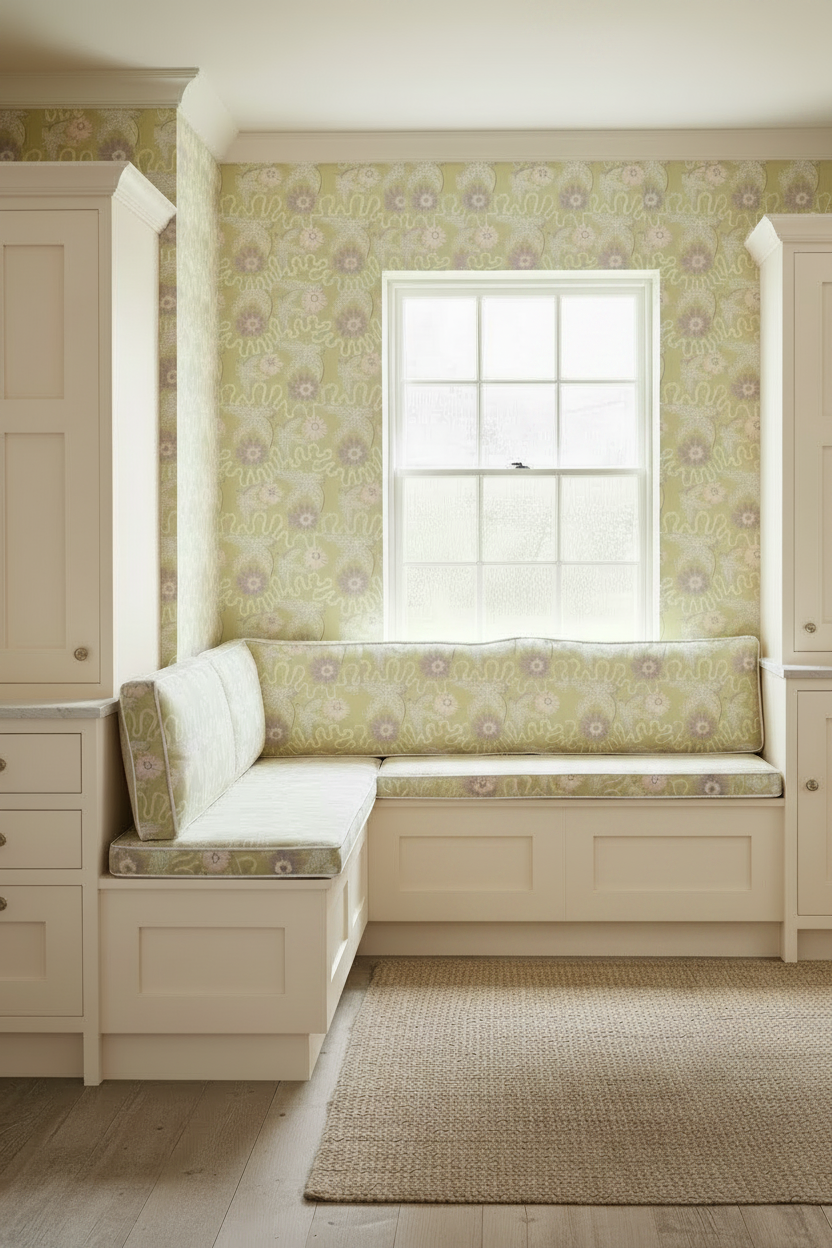 A built-in L-shaped window seat with cream upholstery and a matching floral-patterned cushion in Holland Street printed Linen, set in a room with pale yellow patterned wallpaper, white cabinets, and a woven rug.