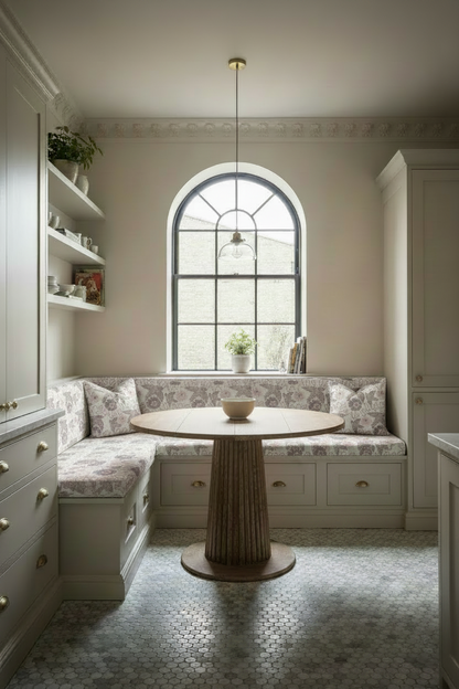 A classic cream-colored built-in corner banquette seating unit with floral-patterned Holland Street cushions, a round wooden pedestal table, and a tall arched window above.