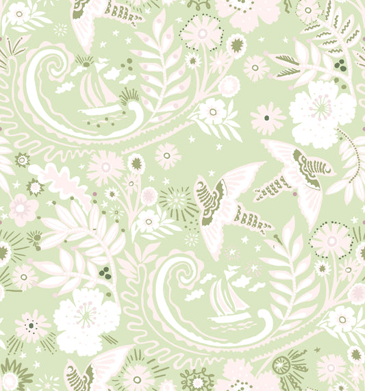 A hand‑drawn Holland Street “Park Life” pattern printed on linen and wallpaper, featuring birds, boats, and flowers in pale green, pink and moss green tones, designed in Britain.