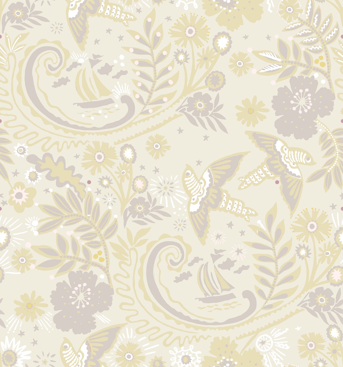 A hand‑drawn Holland Street “Park Life” pattern printed on linen and wallpaper, featuring birds, boats, and flowers in yellow, cream and grey tones, designed in Britain.