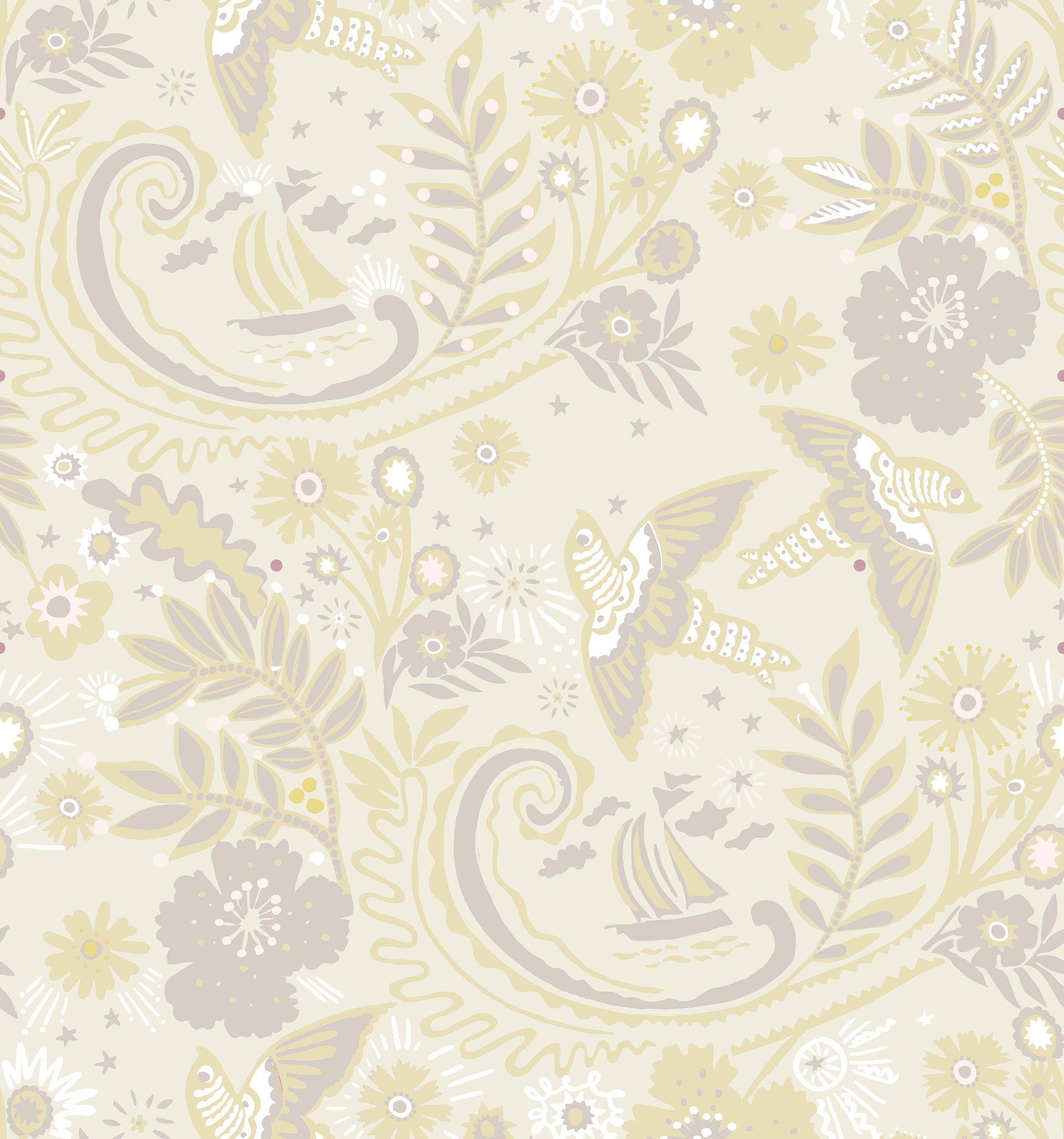 A hand‑drawn Holland Street “Park Life” pattern printed on linen and wallpaper, featuring birds, boats, and flowers in yellow, cream and grey tones, designed in Britain.