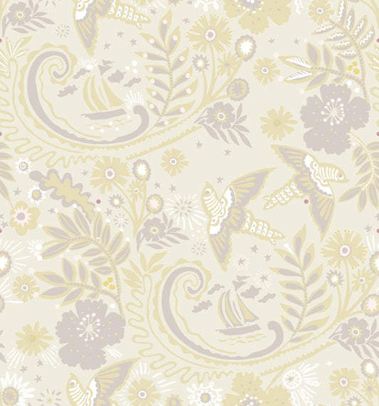A hand‑drawn Holland Street “Park Life” pattern printed on linen and wallpaper, featuring birds, boats, and flowers in yellow, cream and grey tones, designed in Britain.