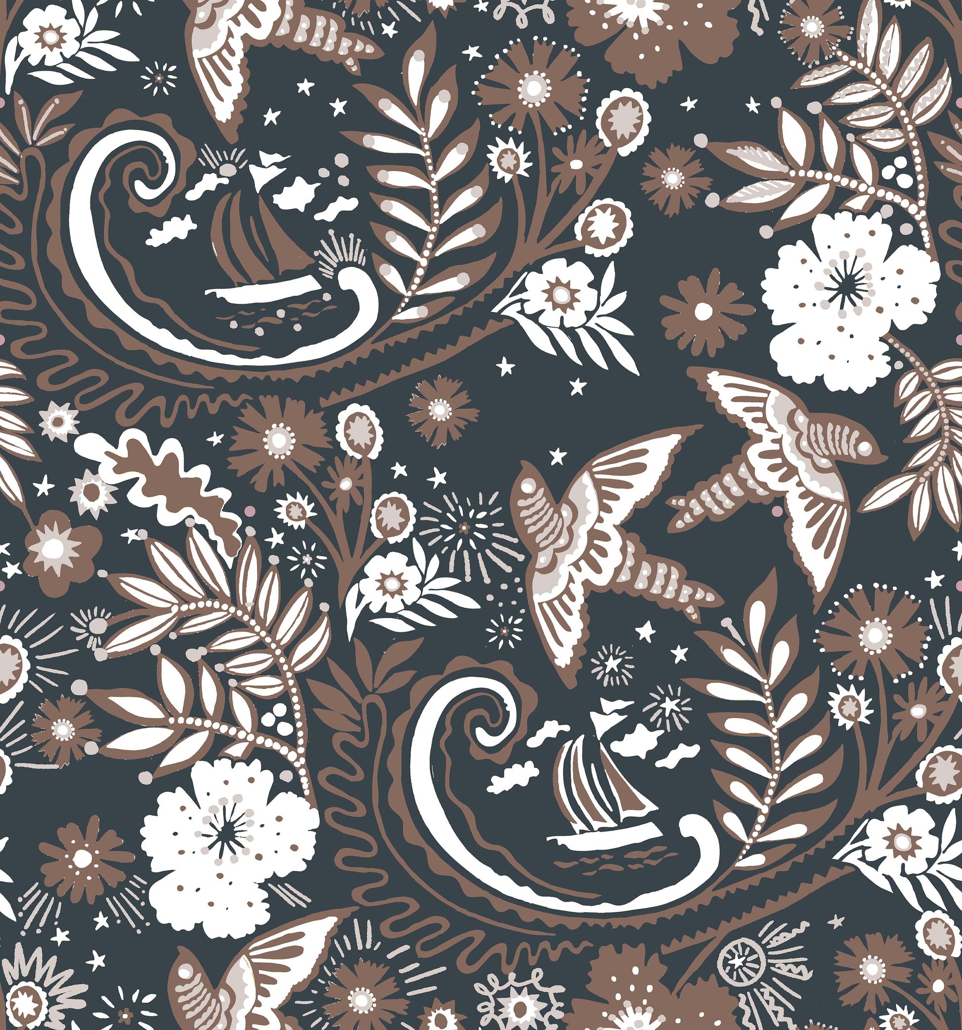 A hand‑drawn Holland Street “Park Life” pattern printed on linen and wallpaper, featuring birds, boats, and flowers in black, brown, white and cream tones, designed in Britain.