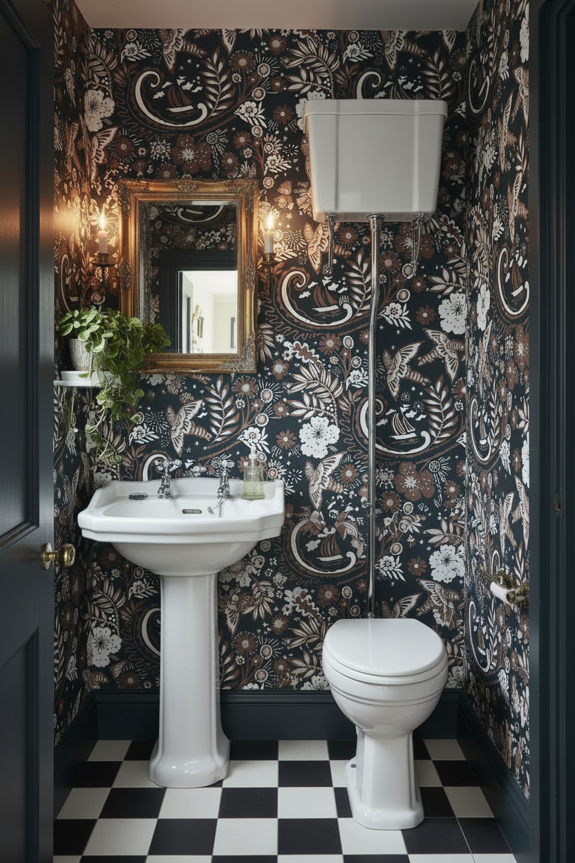 A downstairs loo wallpapered in the hand‑drawn Holland Street “Park Life” pattern, featuring birds, boats, and flowers in dark black, white and brown tones, designed in Britain.