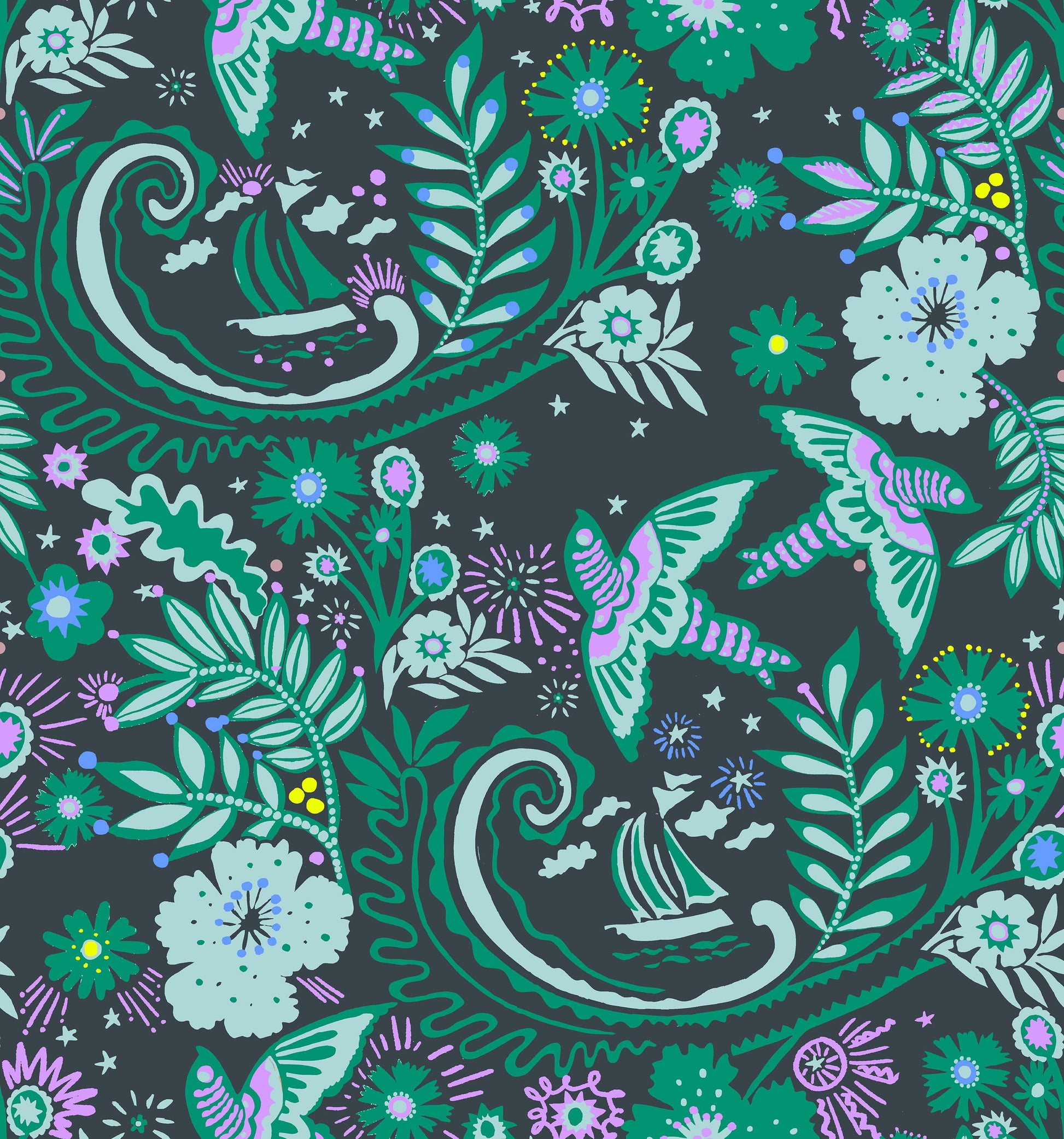 A hand‑drawn Holland Street “Park Life” pattern printed on linen and wallpaper, featuring birds, boats, and flowers in dark grey, purple, yellow and green tones, designed in Britain.