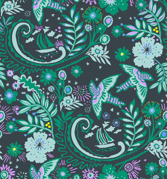 A hand‑drawn Holland Street “Park Life” pattern printed on linen and wallpaper, featuring birds, boats, and flowers in dark grey, purple, yellow and green tones, designed in Britain.