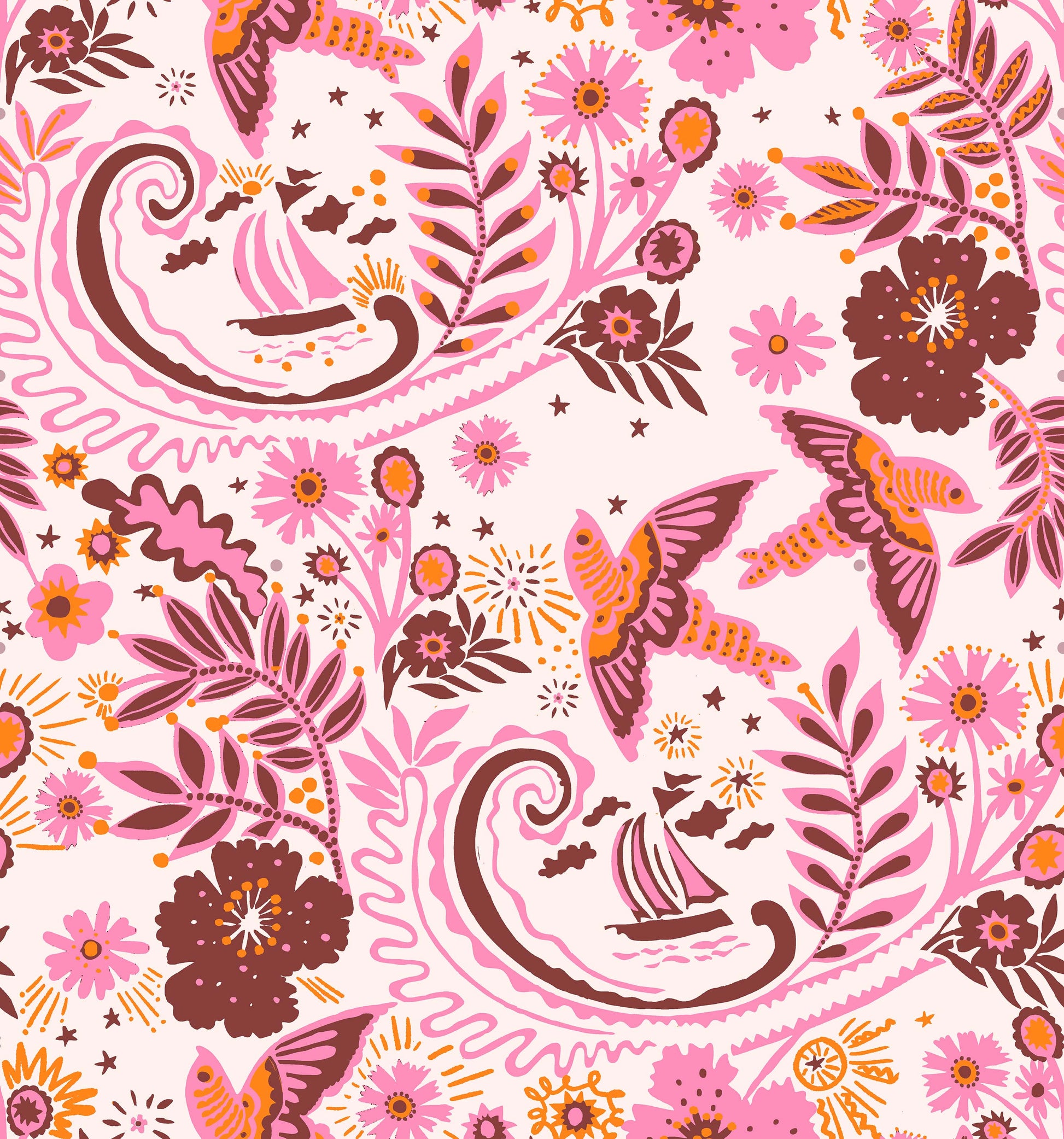 A hand‑drawn Holland Street “Park Life” pattern printed on linen and wallpaper, featuring birds, boats, and flowers in pink, orange and rusty tones, designed in Britain.