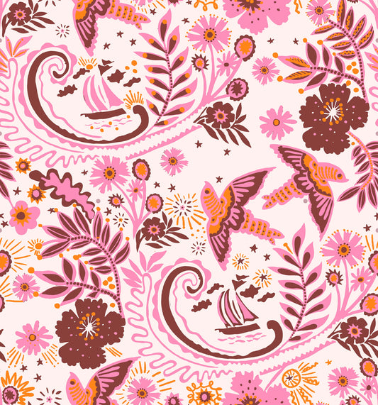 A hand‑drawn Holland Street “Park Life” pattern printed on linen and wallpaper, featuring birds, boats, and flowers in pink, orange and rusty tones, designed in Britain.