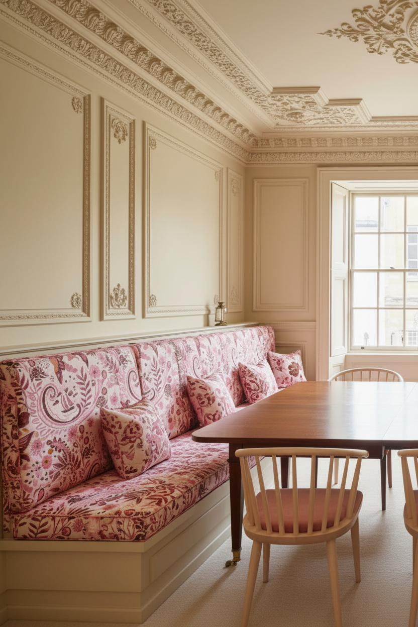 A hand‑drawn Holland Street “Park Life” pattern printed on linen banquet seating, featuring birds, boats, and flowers in pink, orange and rusty tones, designed in Britain.