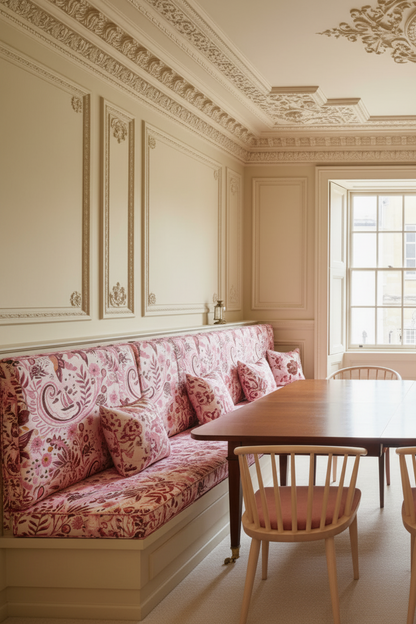 A hand‑drawn Holland Street “Park Life” pattern printed on linen banquet seating, featuring birds, boats, and flowers in pink, orange and rusty tones, designed in Britain.