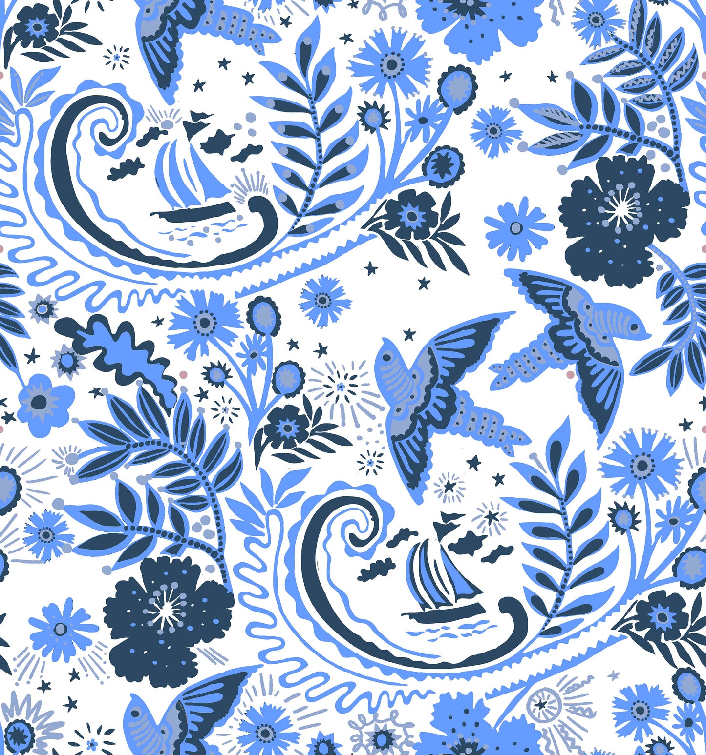 A hand‑drawn Holland Street “Park Life” pattern printed on linen and wallpaper, featuring birds, boats, and flowers in fresh blue, navy, and grey tones, designed in Britain.