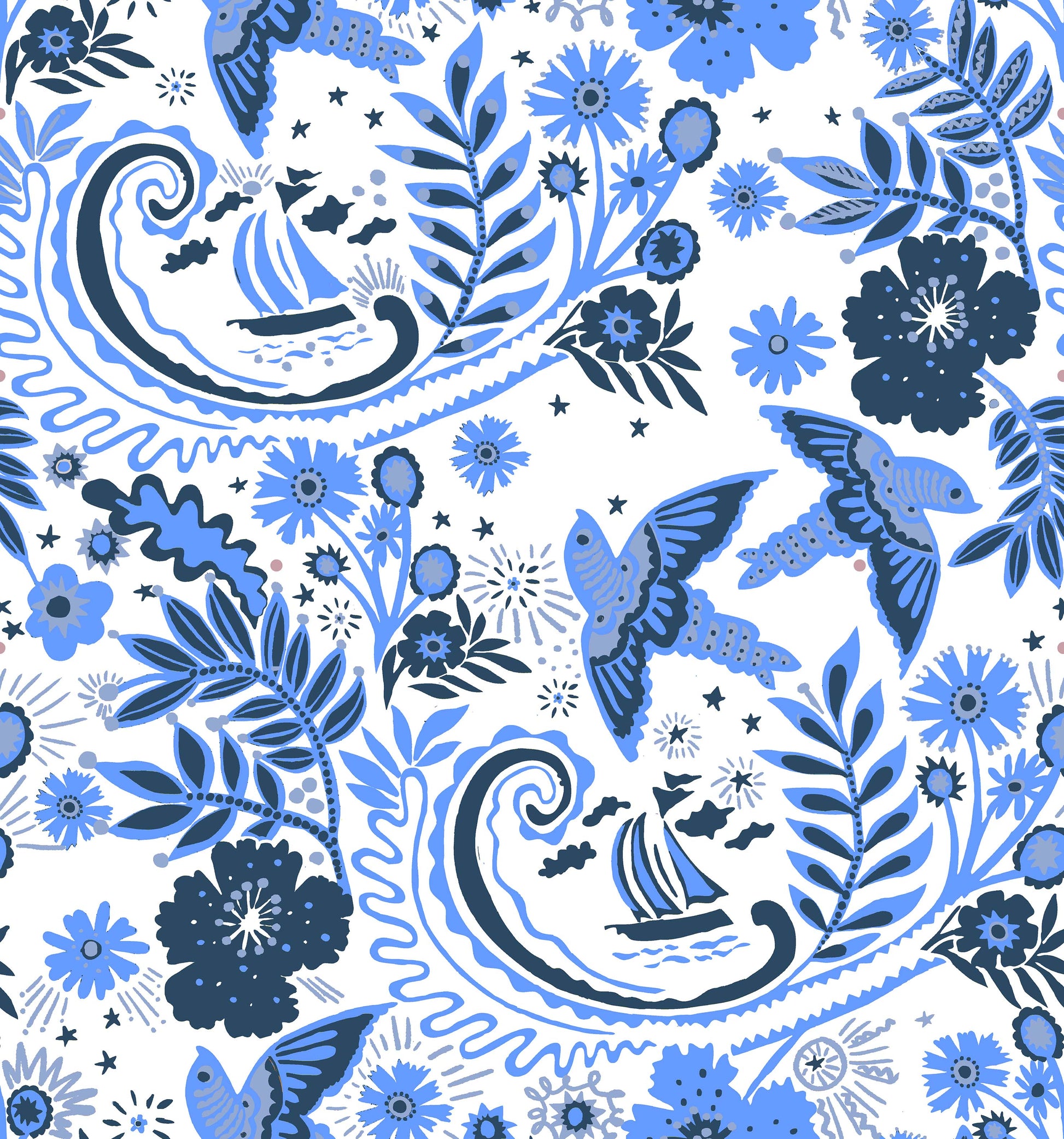 A hand‑drawn Holland Street “Park Life” pattern printed on linen and wallpaper, featuring birds, boats, and flowers in fresh blue, navy, and grey tones, designed in Britain.