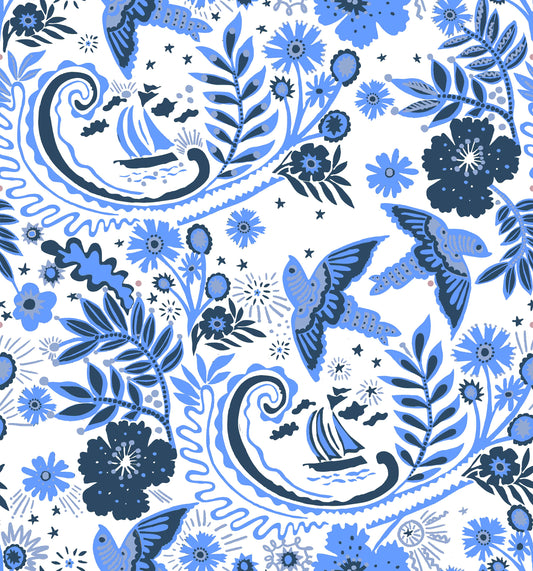 A hand‑drawn Holland Street “Park Life” pattern printed on linen and wallpaper, featuring birds, boats, and flowers in fresh blue, navy, and grey tones, designed in Britain.