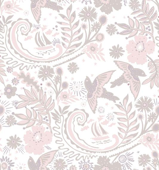 A hand‑drawn Holland Street “Park Life” pattern printed on linen and wallpaper, featuring birds, boats, and flowers in grey, white and pale pink tones, designed in Britain.