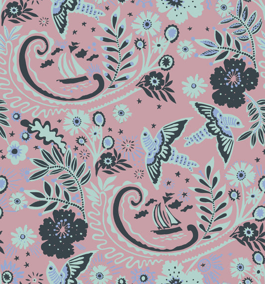 A hand‑drawn Holland Street “Park Life” pattern printed on linen and wallpaper, featuring birds, boats, and flowers in soft blue, dark grey, pink and purple tones, designed in Britain.