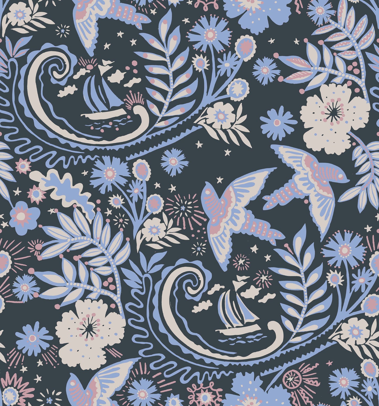 A hand‑drawn Holland Street “Park Life” pattern printed on linen and wallpaper, featuring birds, boats, and flowers in soft blue, cream and pink tones, designed in Britain.