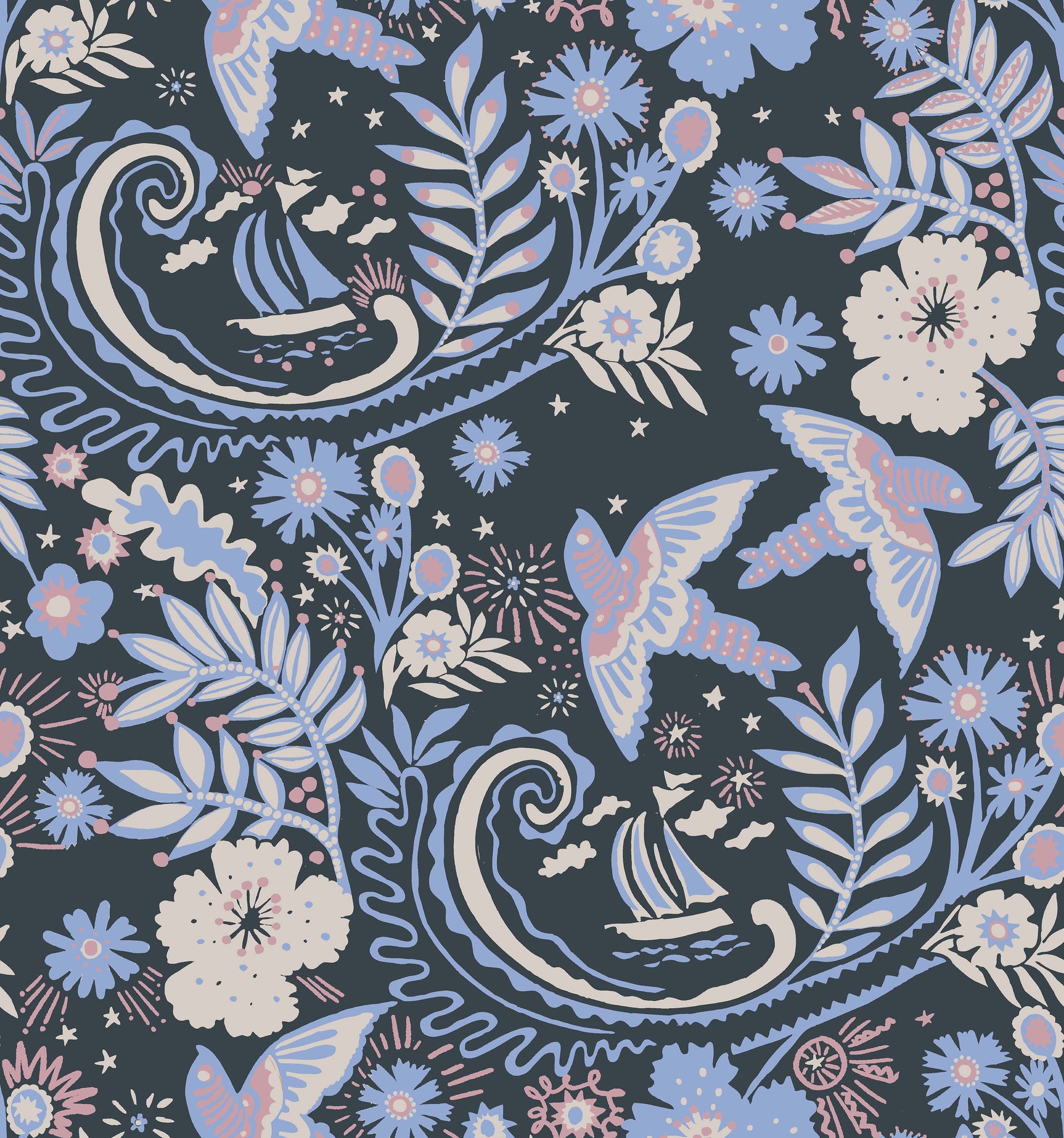 A hand‑drawn Holland Street “Park Life” pattern printed on linen and wallpaper, featuring birds, boats, and flowers in soft blue, cream and pink tones, designed in Britain.