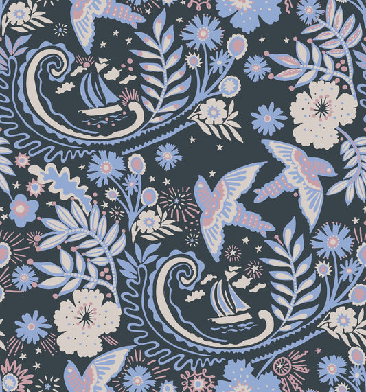 A hand‑drawn Holland Street “Park Life” pattern printed on linen and wallpaper, featuring birds, boats, and flowers in soft blue, cream and pink tones, designed in Britain. Colourway inspired by St Albans and Harpenden, Hertfordshire Countryside.