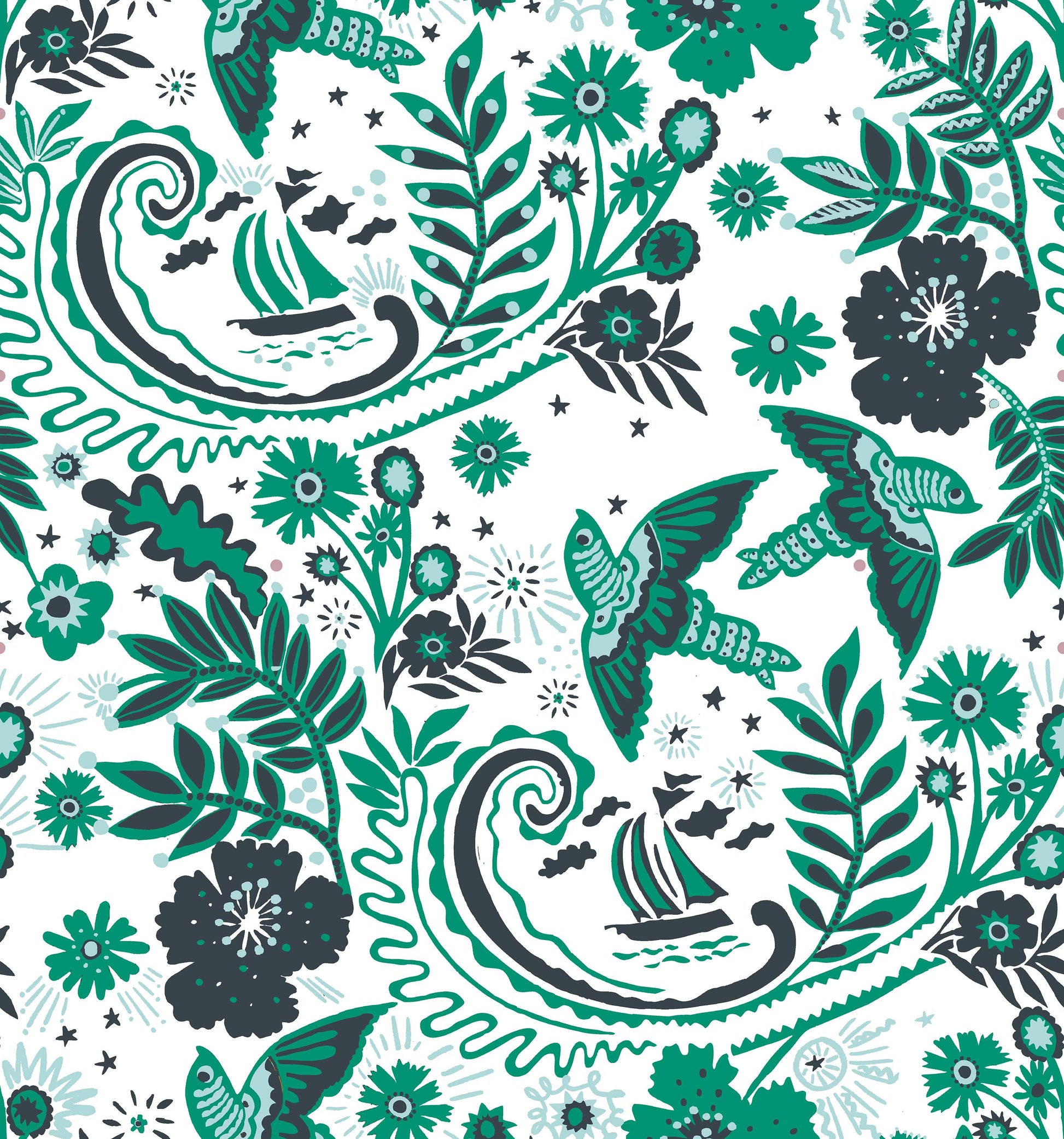 A hand‑drawn Holland Street “Park Life” pattern printed on linen and wallpaper, featuring birds, boats, and flowers in dark grey, white and green tones, designed in Britain.