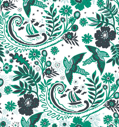 A hand‑drawn Holland Street “Park Life” pattern printed on linen and wallpaper, featuring birds, boats, and flowers in dark grey, white and green tones, designed in Britain.