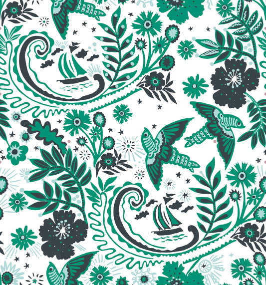 A hand‑drawn Holland Street “Park Life” pattern printed on linen and wallpaper, featuring birds, boats, and flowers in dark grey, white and green tones, designed in Britain.
