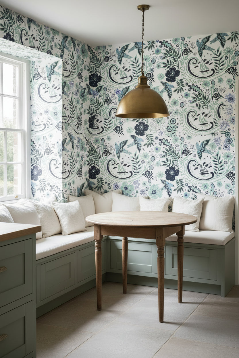 A kitchen seating area that is lined in the hand‑drawn Holland Street “Park Life” wallpaper, featuring birds, boats, and flowers in dark blue, white and pale blue tones, designed in Britain.