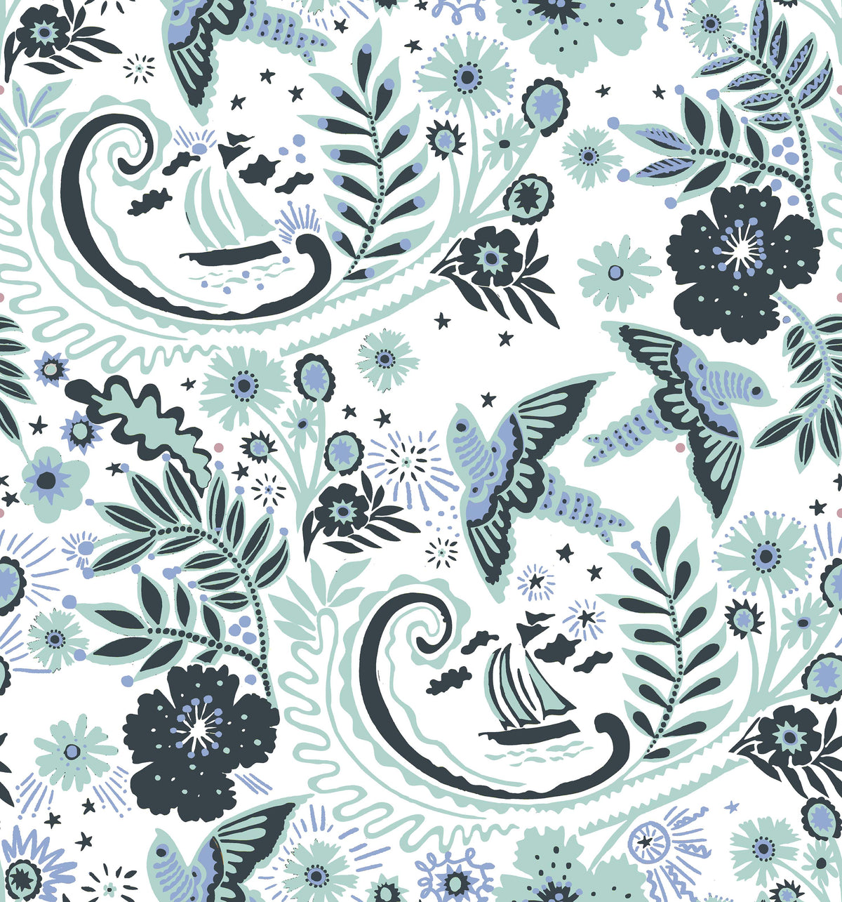 A hand‑drawn Holland Street “Park Life” pattern printed on linen and wallpaper, featuring birds, boats, and flowers in dark blue, white and pale blue tones, designed in Britain.