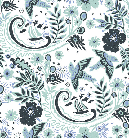 A hand‑drawn Holland Street “Park Life” pattern printed on linen and wallpaper, featuring birds, boats, and flowers in dark blue, white and pale blue tones, designed in Britain.
