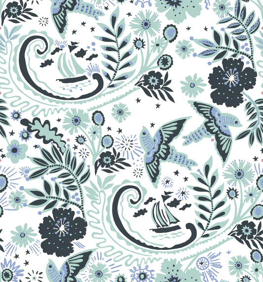 A hand‑drawn Holland Street “Park Life” pattern printed on linen and wallpaper, featuring birds, boats, and flowers in dark blue, white and pale blue tones, designed in Britain.