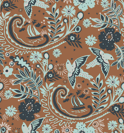 A hand‑drawn Holland Street “Park Life” pattern printed on linen and wallpaper, featuring birds, boats, and flowers in brown, blue, and dark grey tones, designed in Britain.