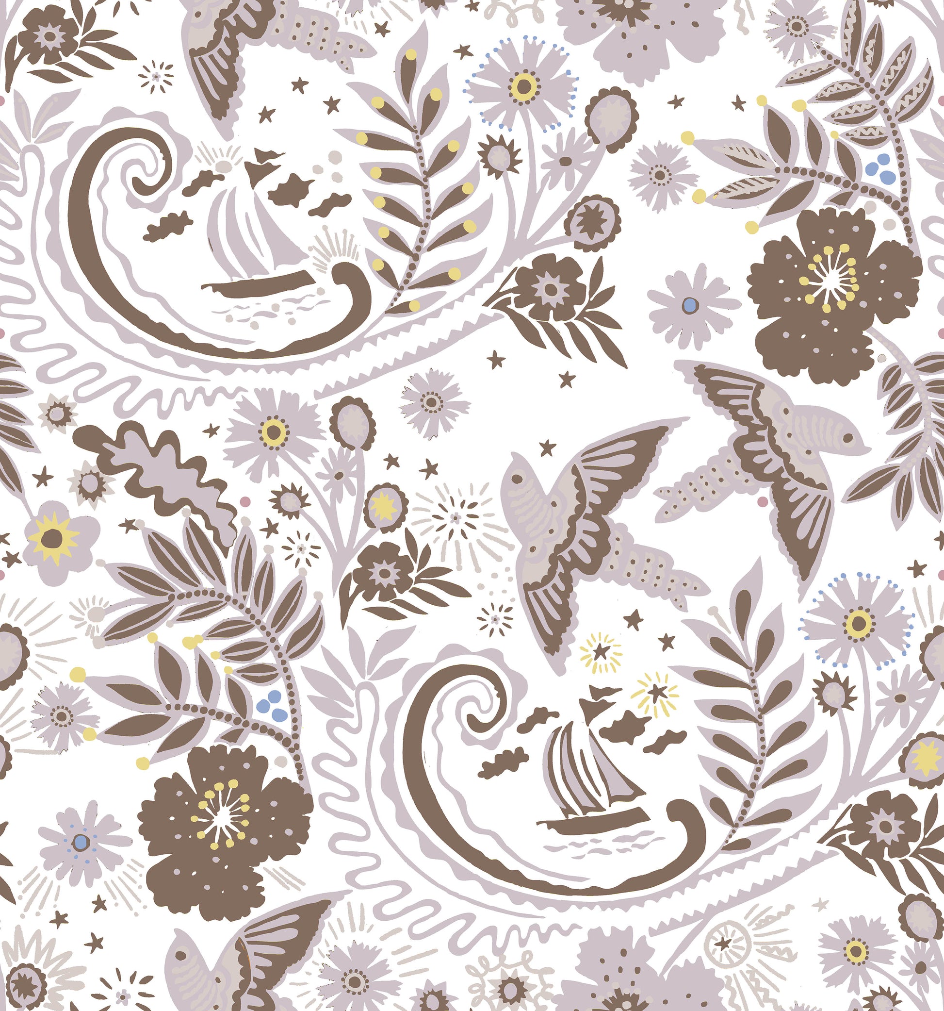 A hand‑drawn Holland Street “Park Life” pattern printed on linen and wallpaper, featuring birds, boats, and flowers in grey, brown and pale yellow tones, designed in Britain.