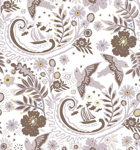 A hand‑drawn Holland Street “Park Life” pattern printed on linen and wallpaper, featuring birds, boats, and flowers in grey, brown and pale yellow tones, designed in Britain.