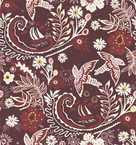 A hand‑drawn Holland Street “Park Life” pattern printed on linen and wallpaper, featuring birds, boats, and flowers in yellow, cream and rusty red tones, designed in Britain.